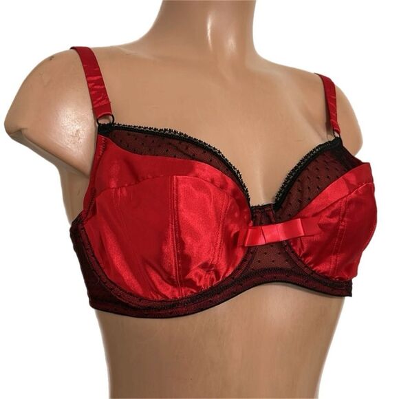 Cassandra Intimates Red Satin and Black Lace Mesh Unlined Bra W/ Front Bow - Picture 1 of 3